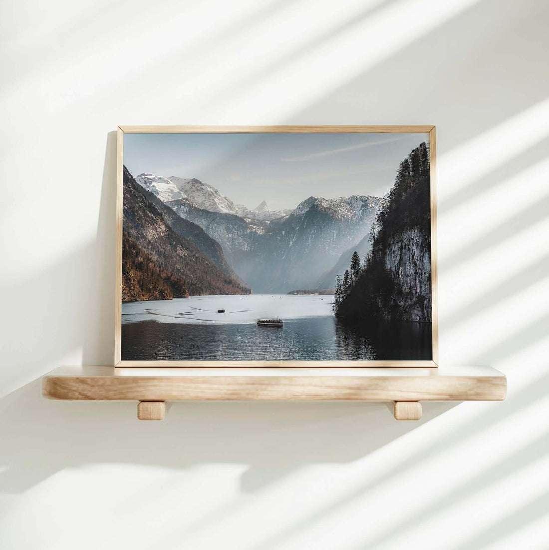 Königssee lake art print in soft bedroom setting with warm shadow patterns