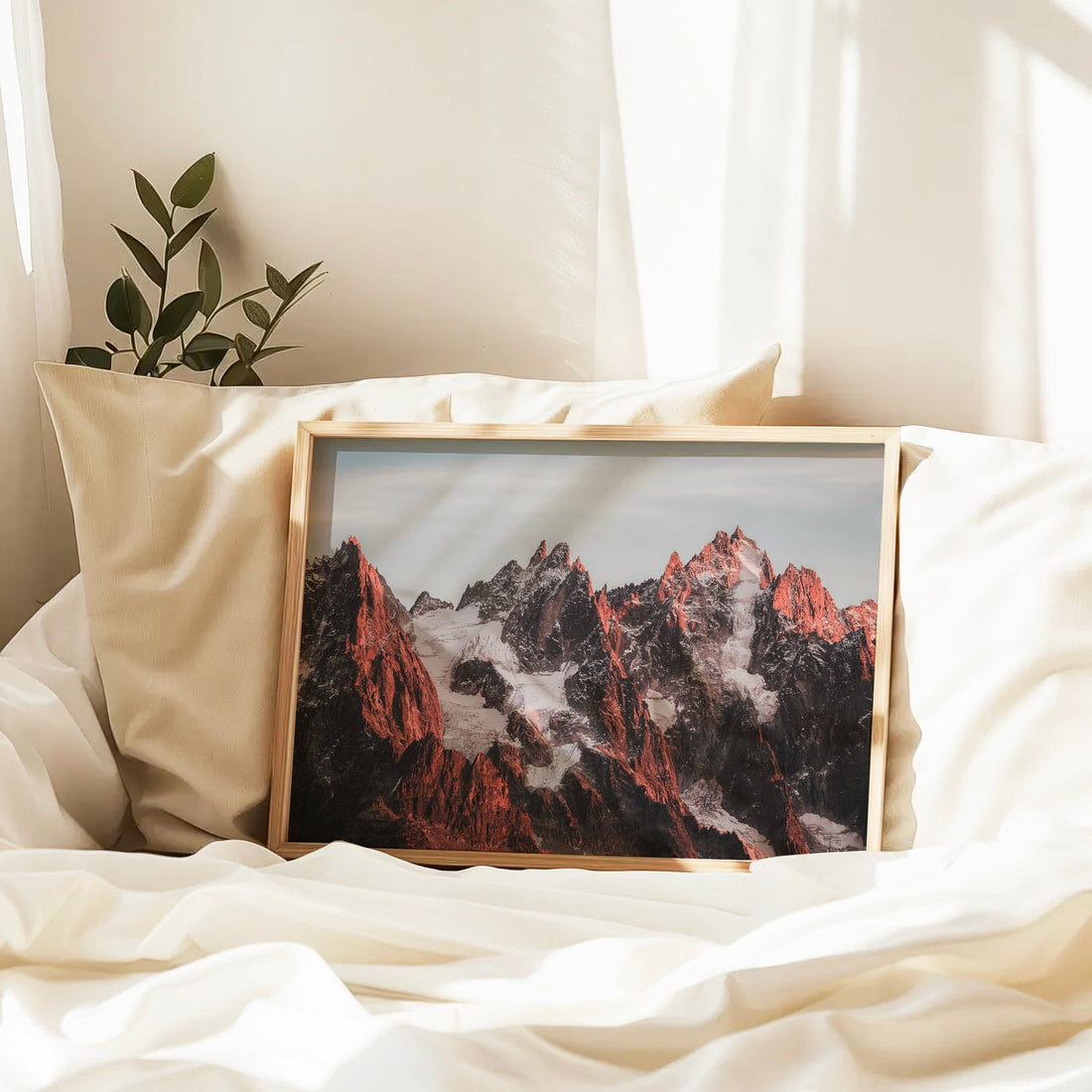 Minimalist mountain print of the French Alps’ Aiguilles range, perfect for serene home decor.