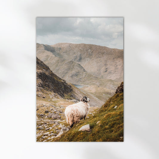 Minimalist print of the Old Man of Coniston with soft skies and layered mountains.