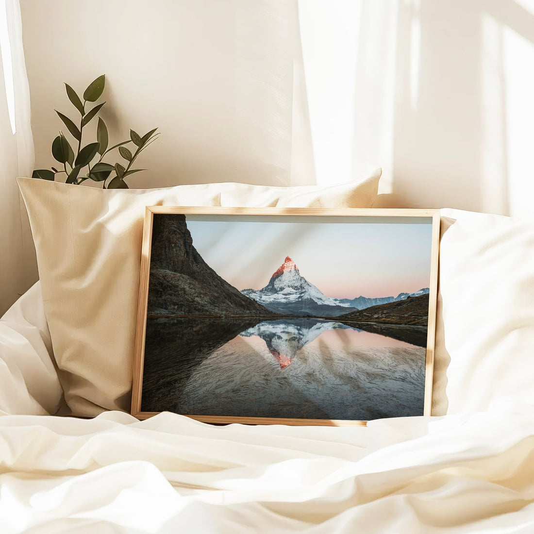 Minimalist Matterhorn framed print capturing a crisp mountain reflection under pastel skies.