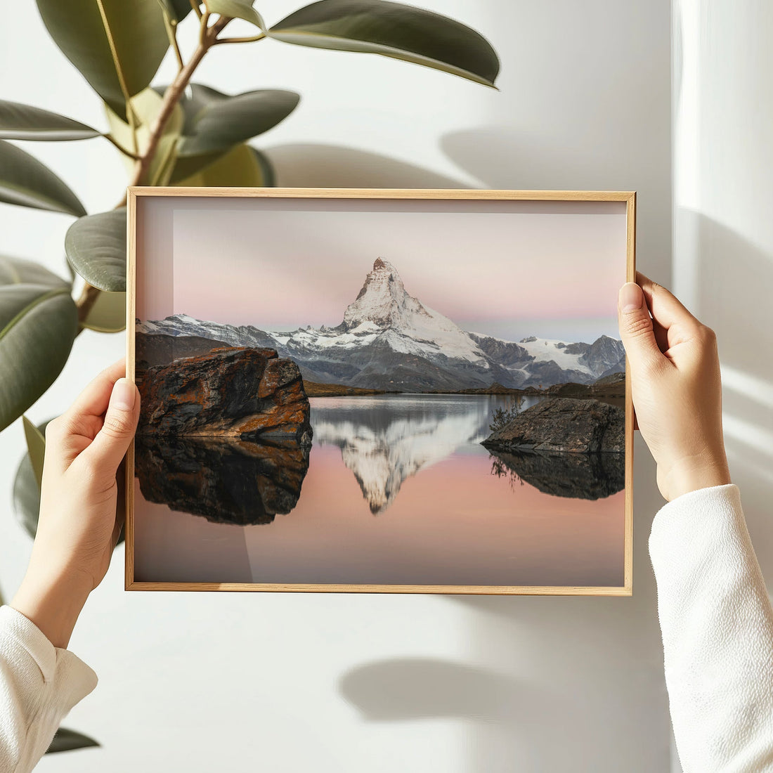 Minimalist Matterhorn landscape print with clean mountain lines mirrored in a tranquil alpine lake.