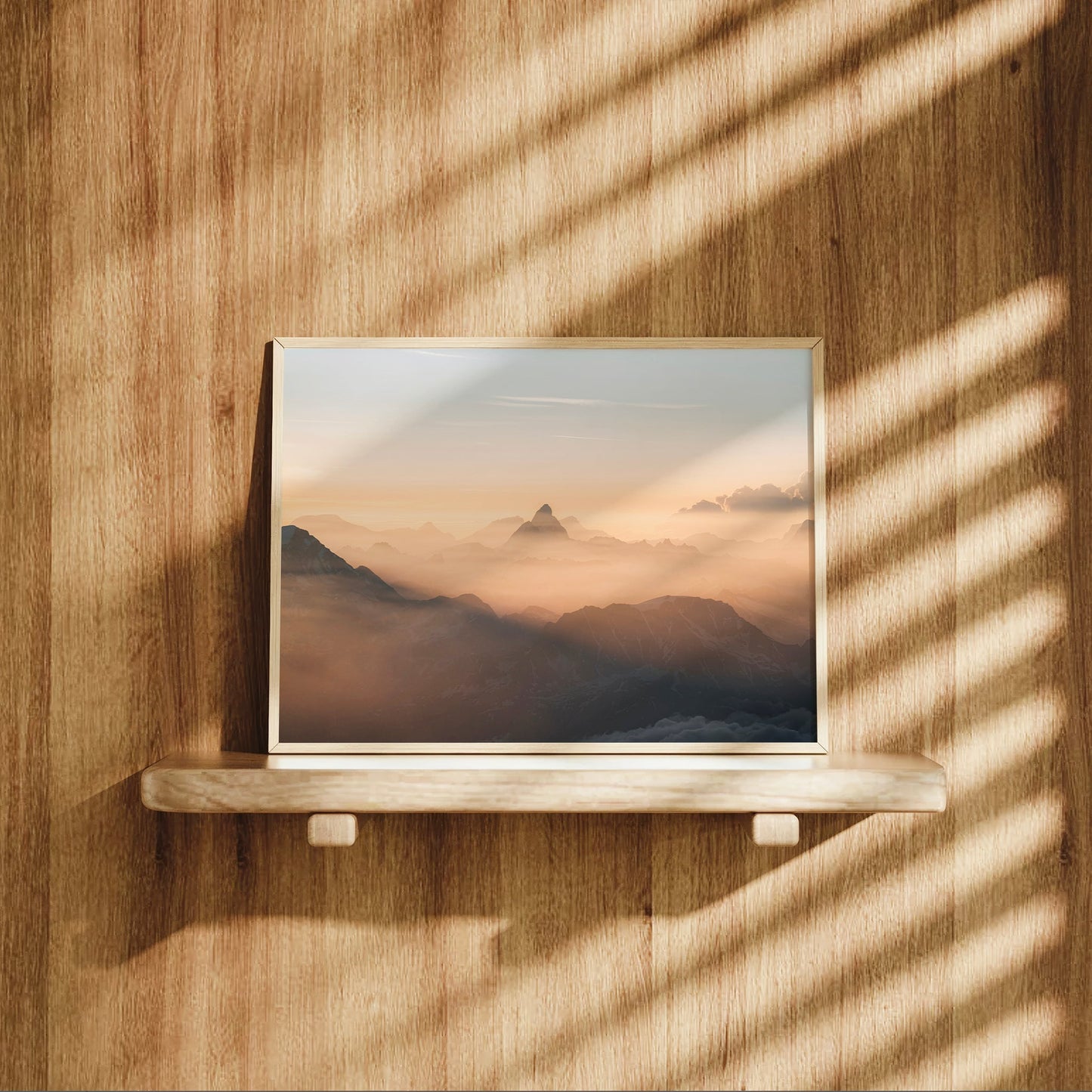 Minimalist landscape print of the Matterhorn at sunrise with warm pastel light and soft mountain haze.