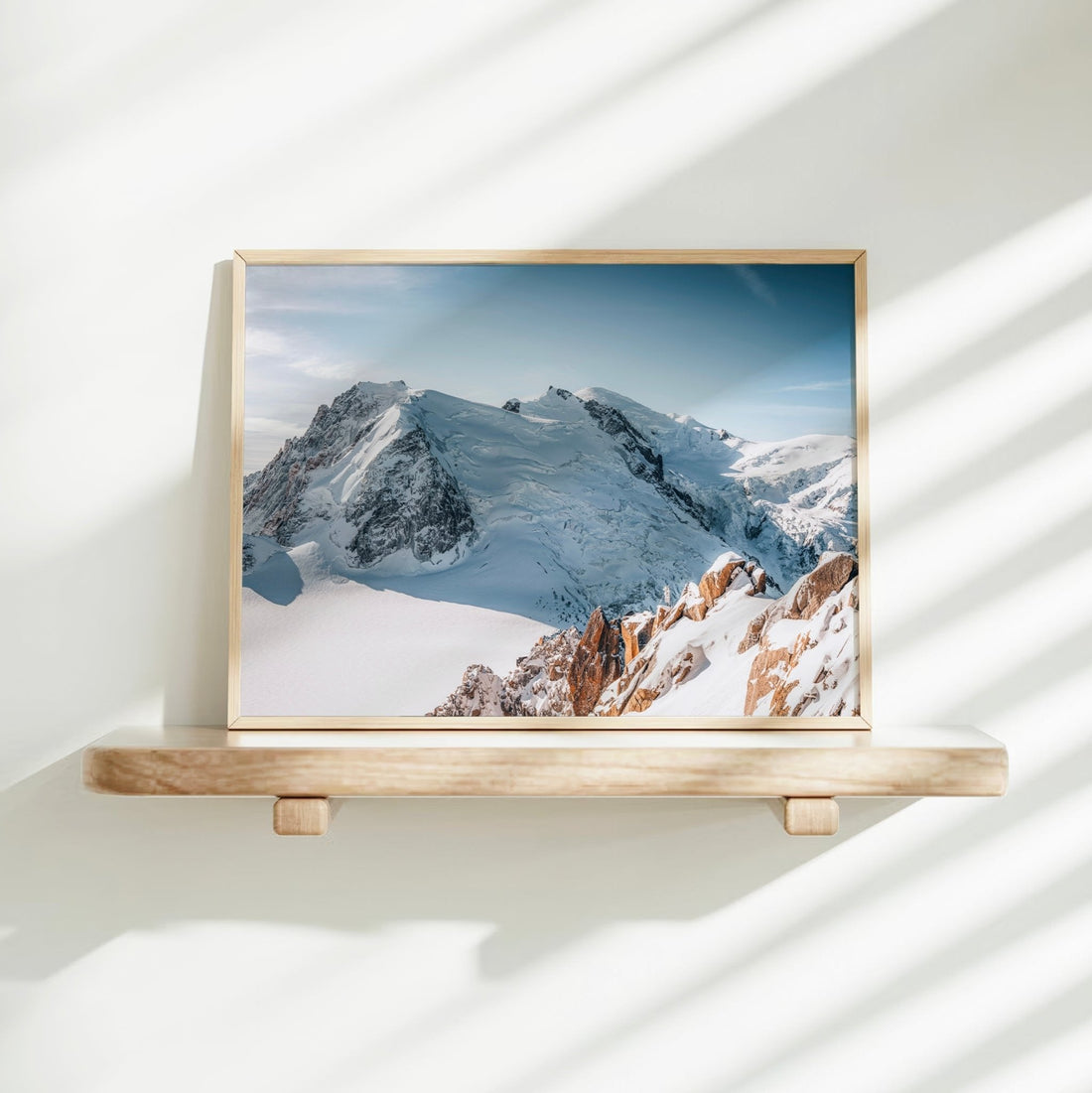 Minimalist Mont Blanc photo print with sweeping snowfields and the jagged Cosmiques Arête ridge.