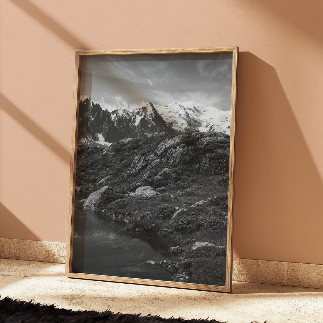 Minimalist mountain photography print of Lac Flégère, featuring the majestic Mont Blanc massif.