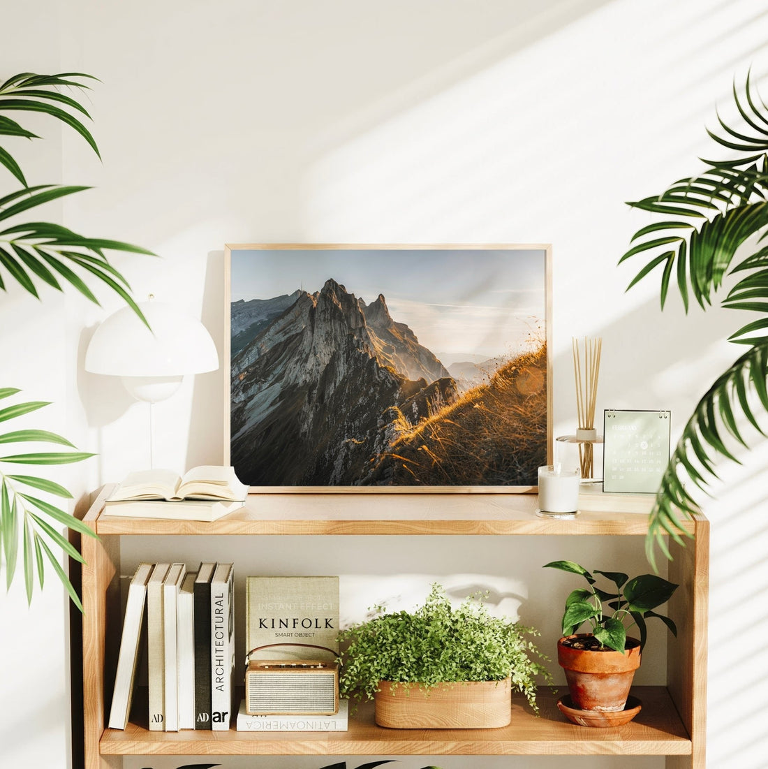 Minimalist mountain wall art showing Schäfler Ridge at sunrise with moody shadows and alpine serenity.