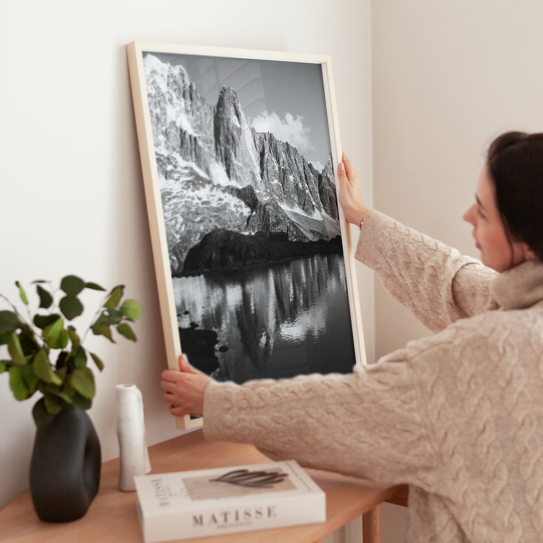Modern minimalist wall decor featuring the rugged Les Drus mountain peak in monochrome elegance.