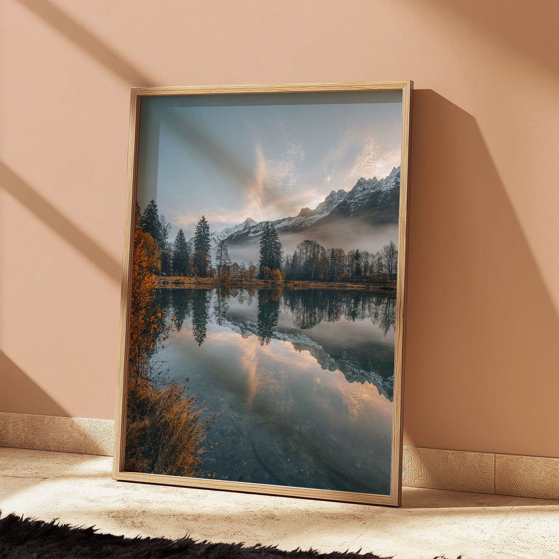A mesmerizing wall art print of Lac des Gaillands at dawn, with mist rolling over the mountain peaks.