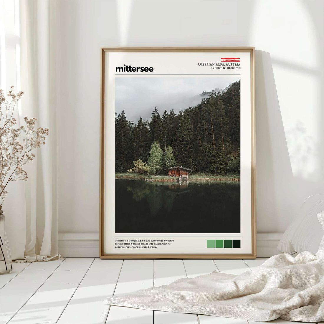 Mittersee alpine wall art print leaning against the wall in a contemporary home