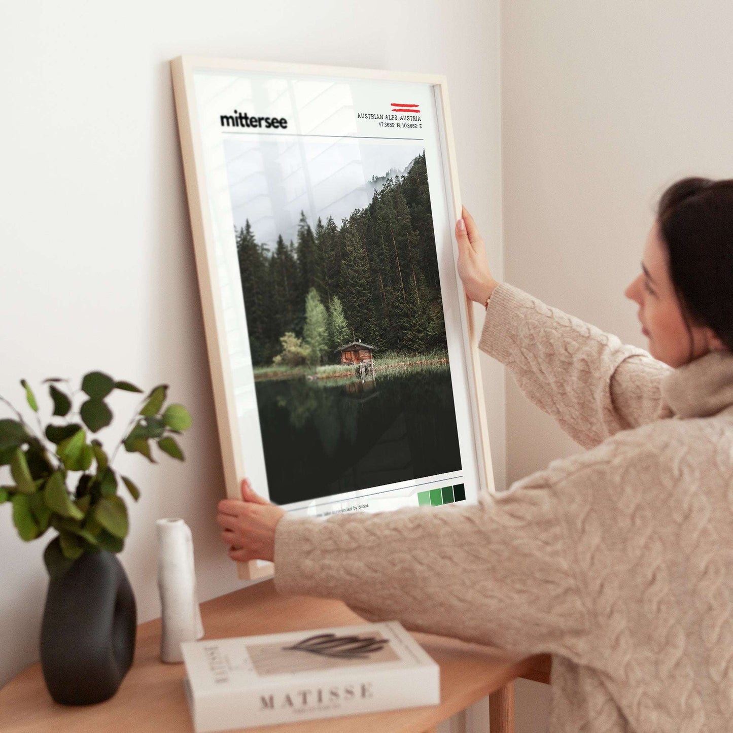 Mittersee Austrian Alps art print shown in a cosy interior environment
