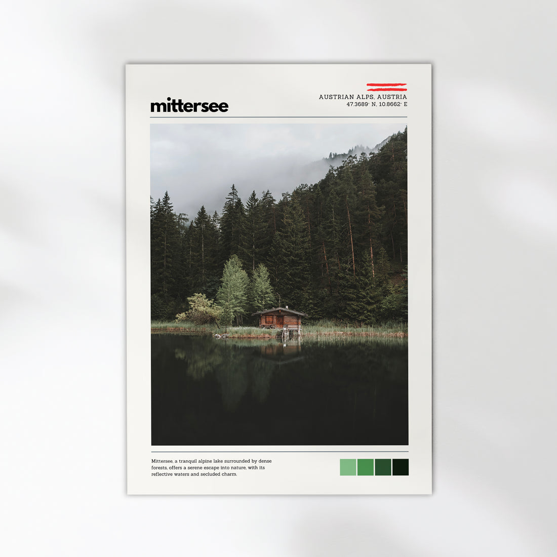 Mittersee location poster with calm alpine lake scenery in the Austrian Alps