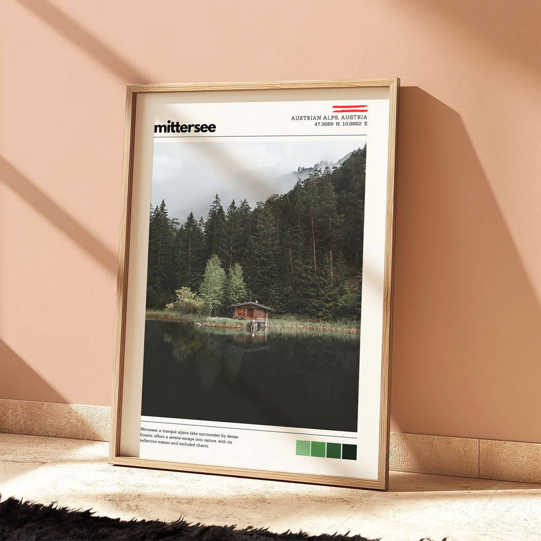 Mittersee location wall art print styled as part of a warm, modern lifestyle interior