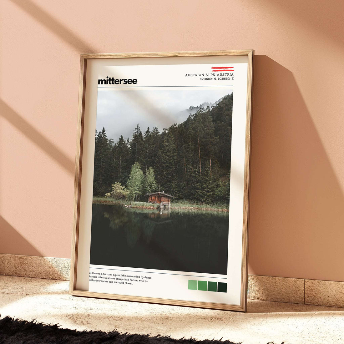 Mittersee location wall art print styled as part of a warm, modern lifestyle interior