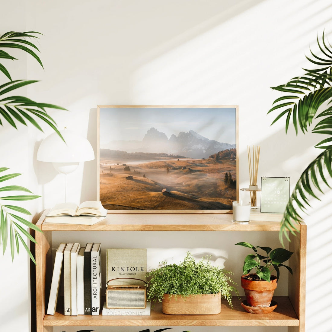 Modern Alps photo print as stylish home decor, showing a misty morning in Alpe di Siusi.