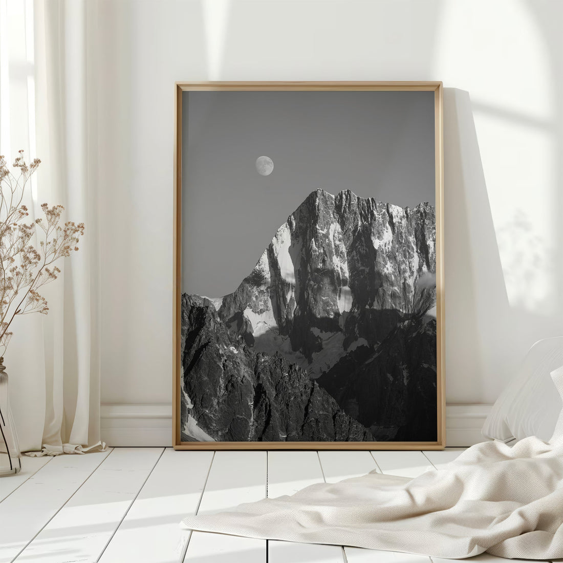 Elegant monochrome alpine landscape print of Grandes Jorasses, a timeless fine art piece.