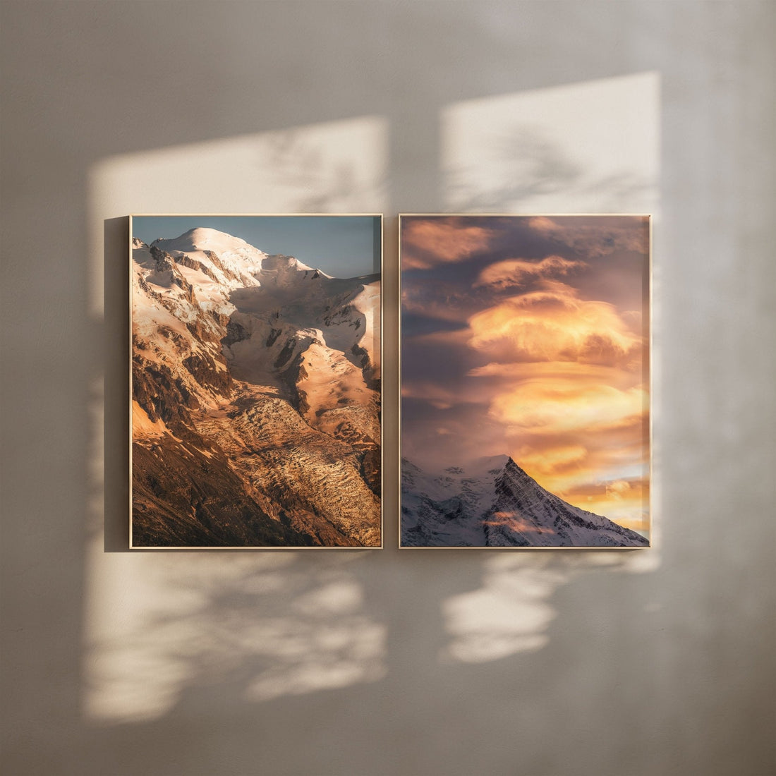 Framed wall art featuring Mont Blanc at sunset in a stylish modern dining room.