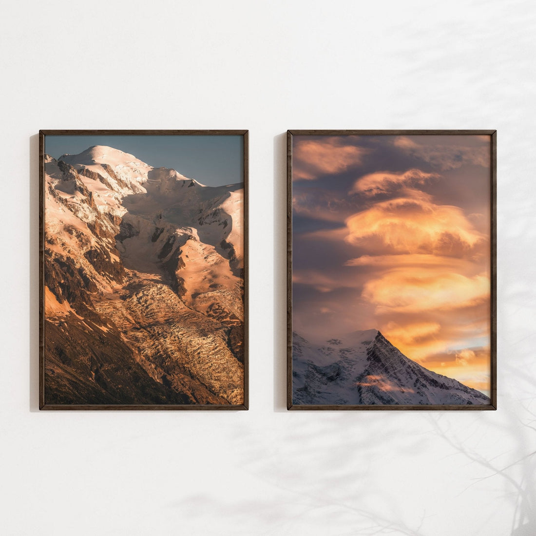 Close-up of Mont Blanc and Aiguille du Goûter in warm evening light with wooden frame.