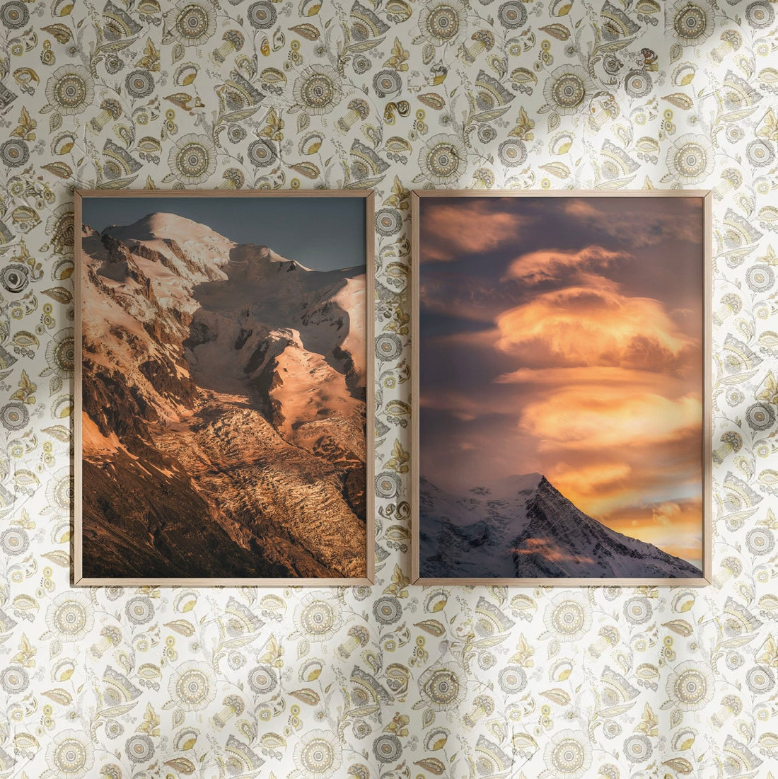 Elegant frames displaying Mont Blanc and Aiguille du Goûter in a bright room with natural shadows.