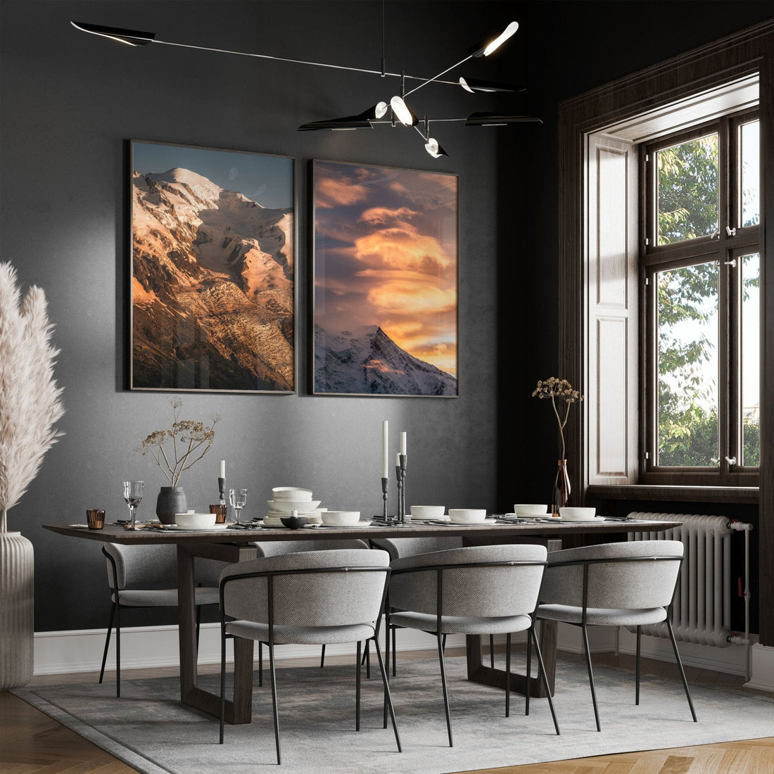 Stunning Mont Blanc and Aiguille du Goûter prints styled in a dining room with soft light.