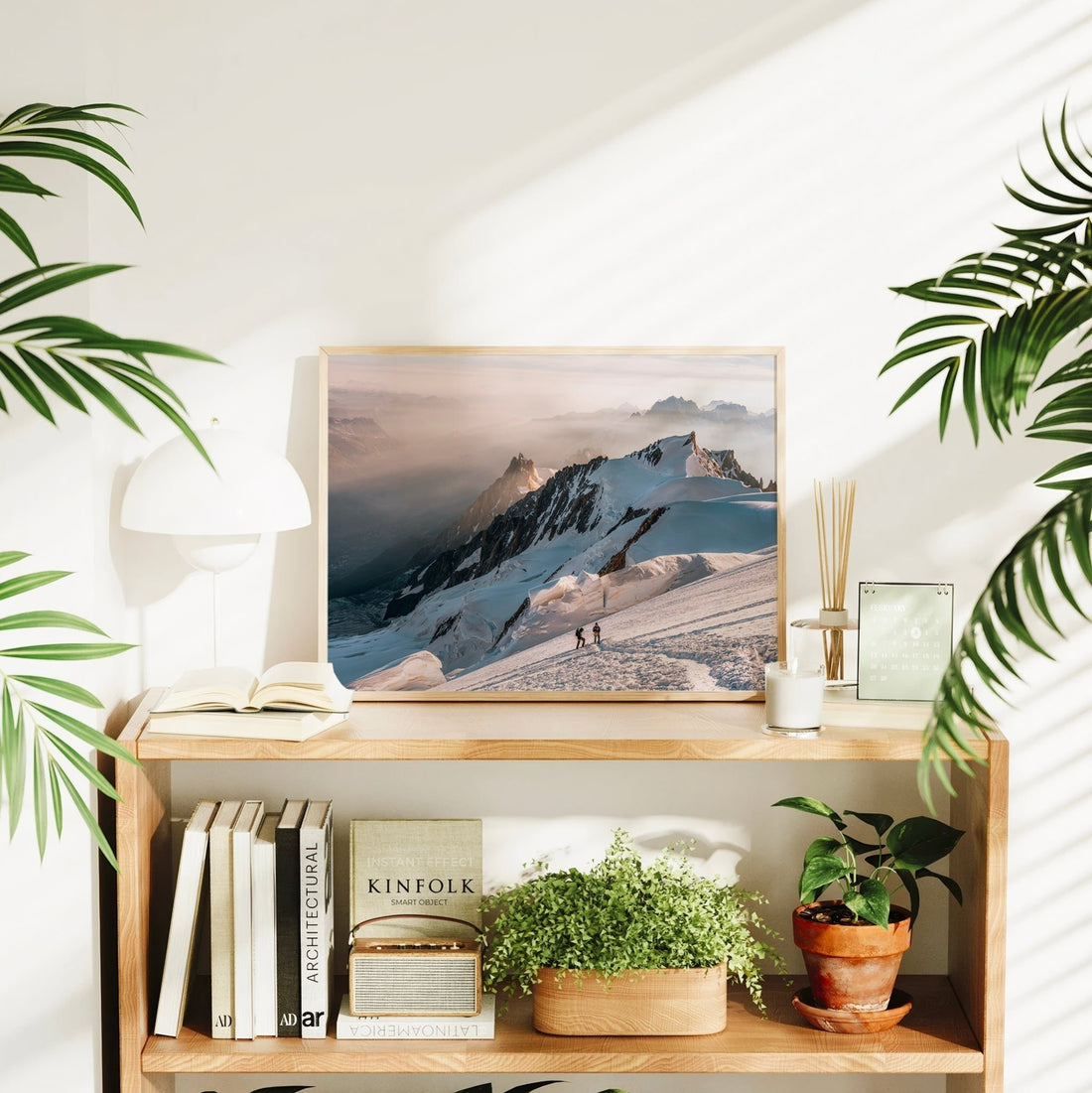 Mont Blanc alpine climb wall art featuring two climbers and sweeping views of the snow-covered Alps.