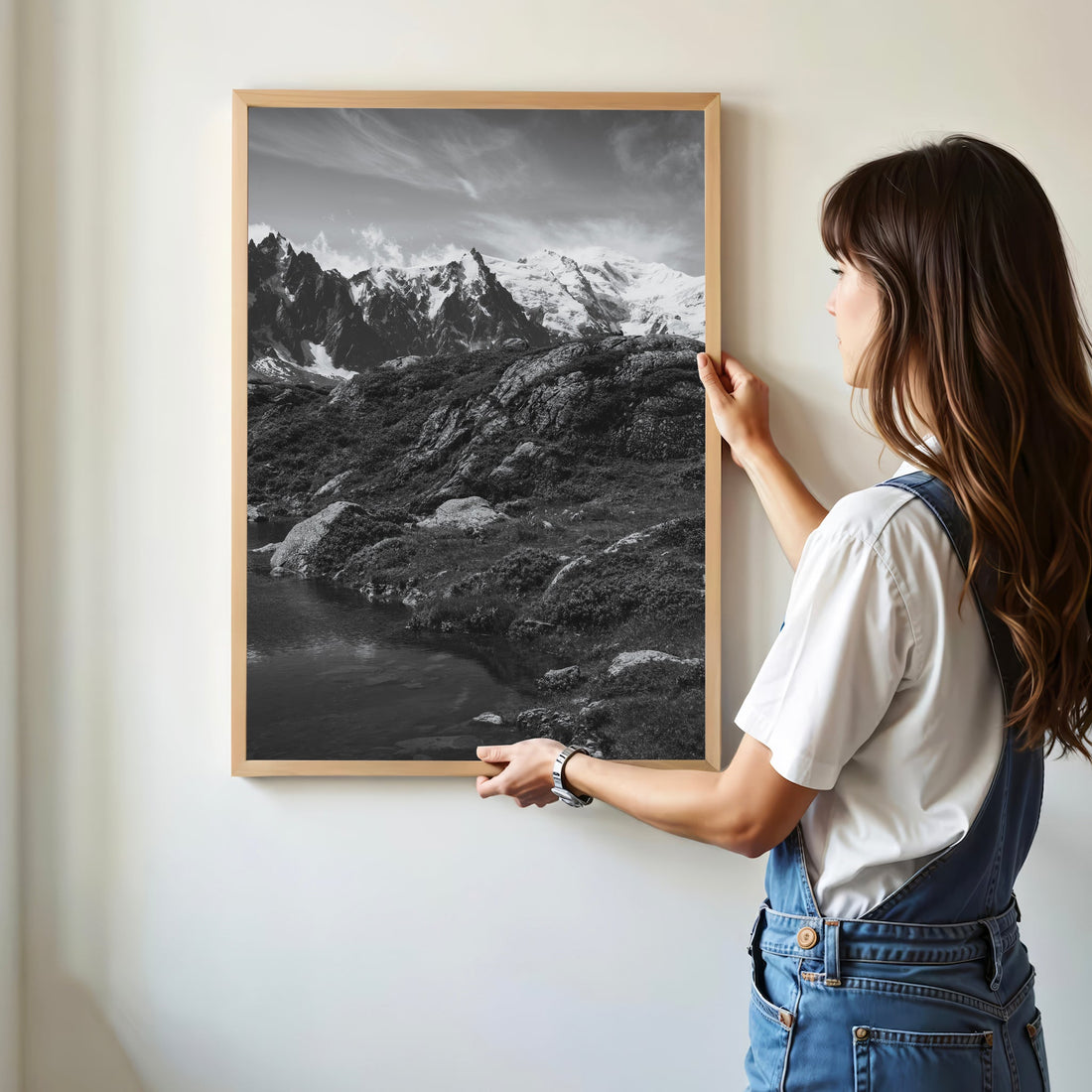 Elegant black and white alpine lake print of Mont Blanc, capturing the peaceful beauty of Lac Flégère.
