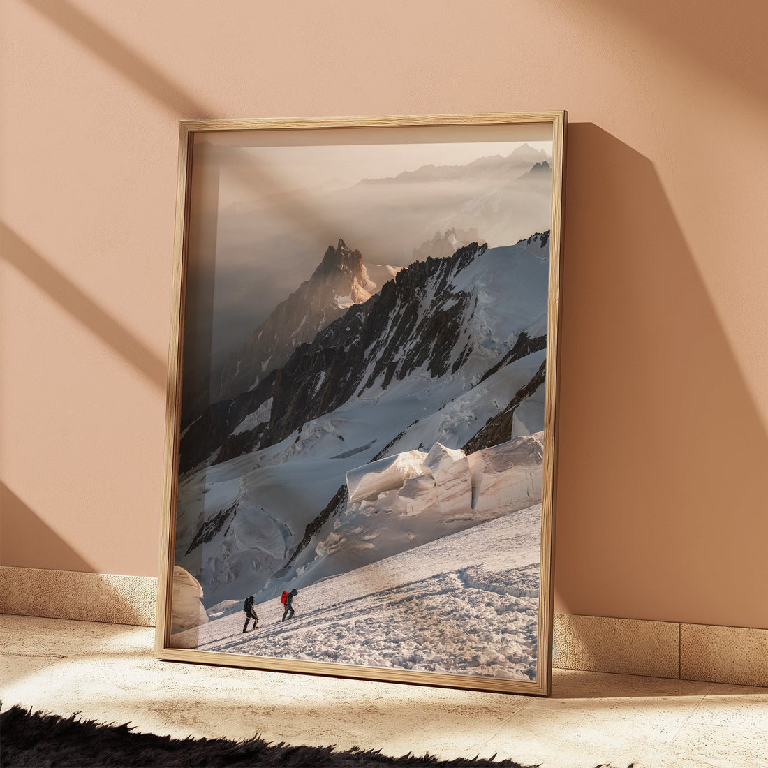 A breathtaking summit climb print with two alpinists nearing the top of Mont Blanc.