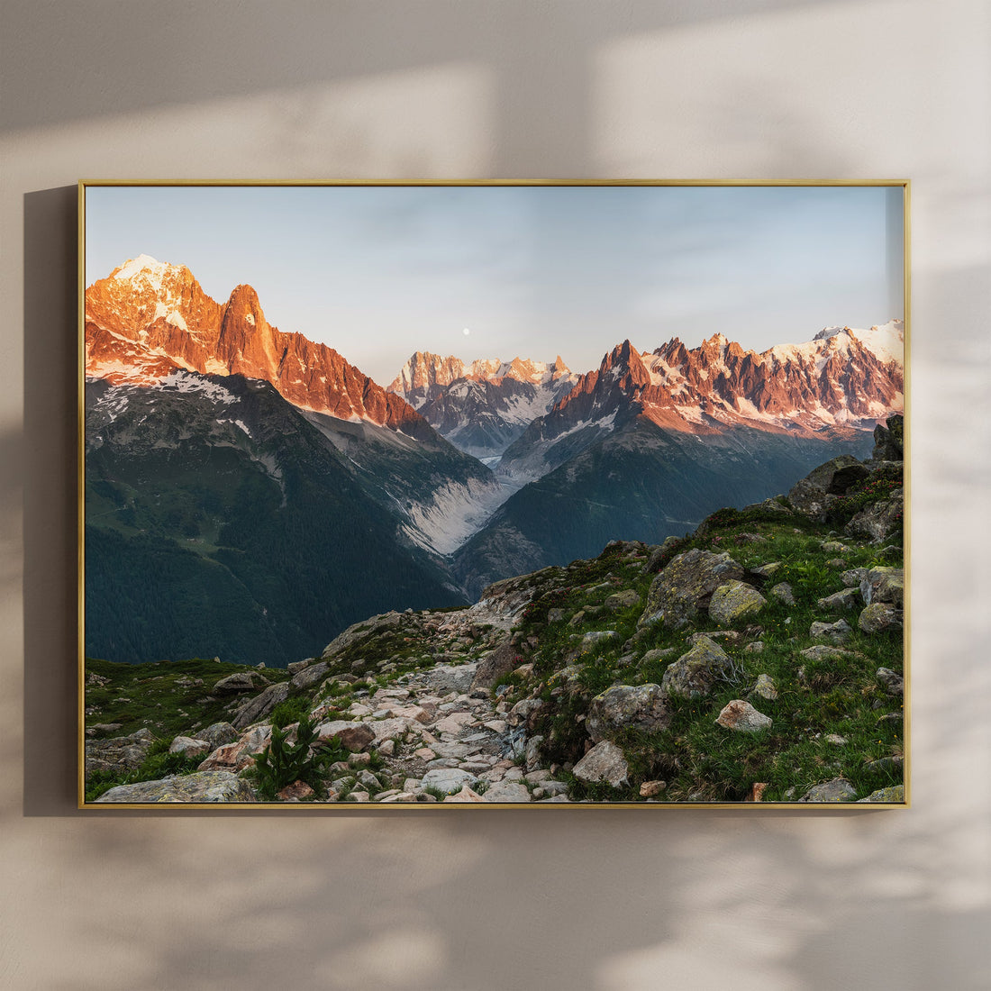 Mont Blanc sunset wall art featuring golden light on snowy peaks above the French Alps.