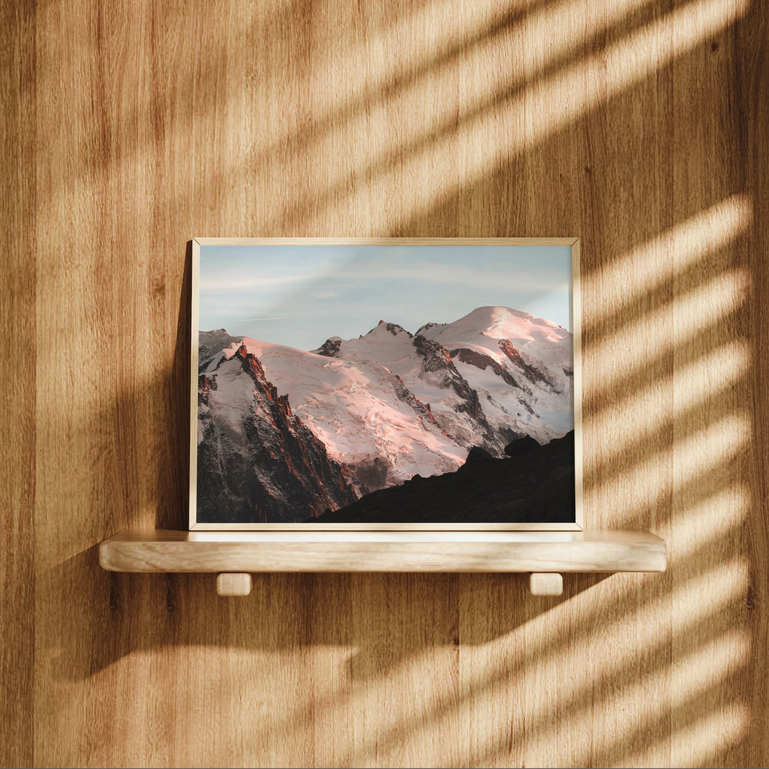 Framed Mont Blanc landscape print with vivid alpine textures and warm sunset lighting in Chamonix.
