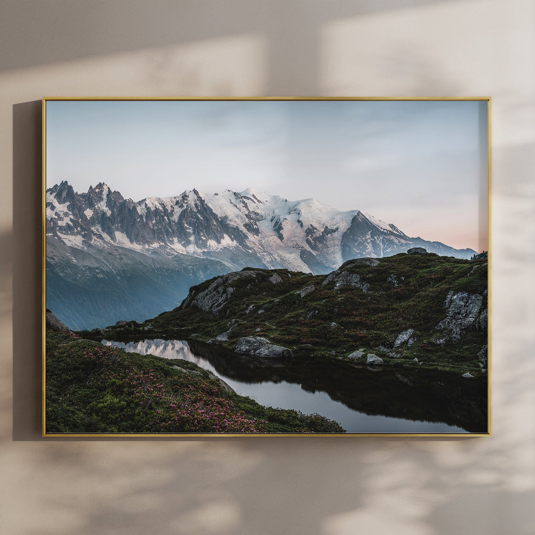 Stunning Mont Blanc wall art print featuring a golden sunrise over the French Alps.