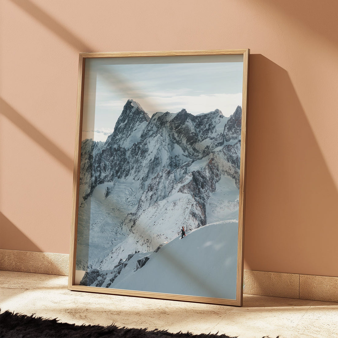 Breathtaking art print of a skier in the Mont Blanc backcountry against the jagged peaks of the Alps.