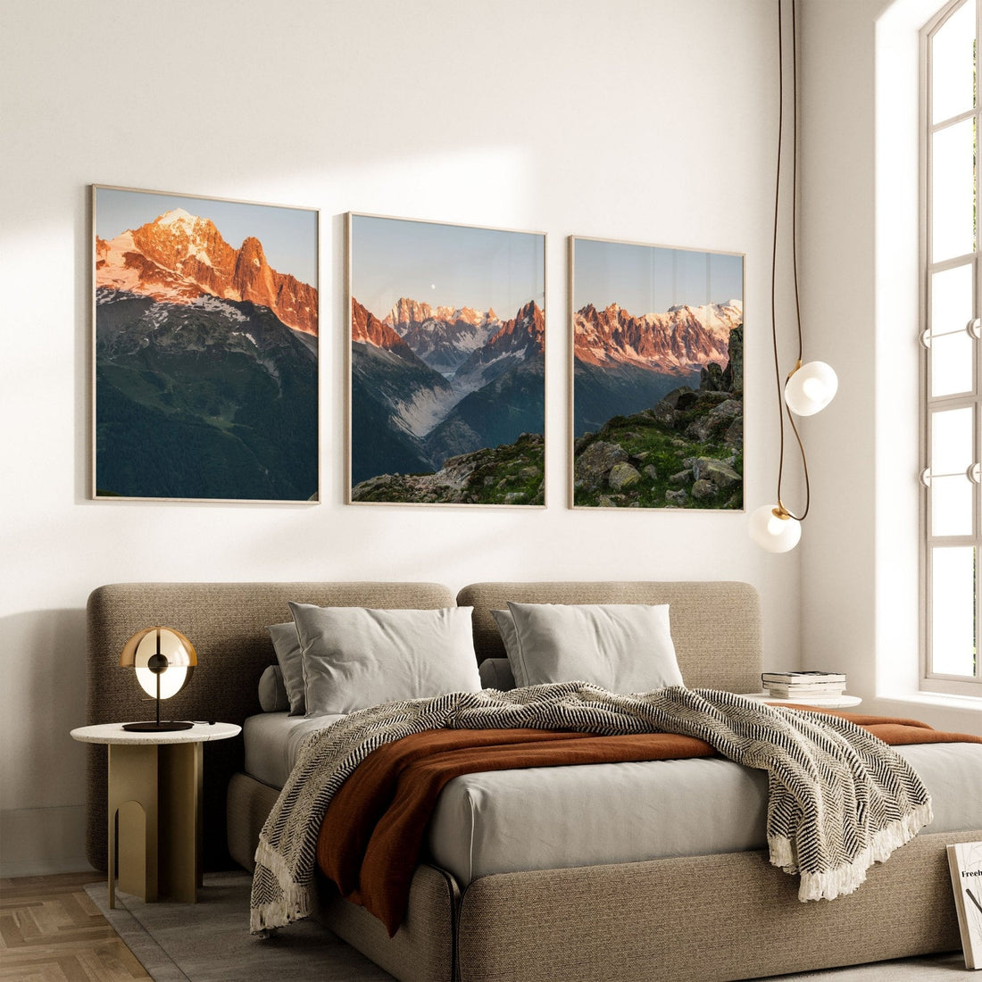 Mont Blanc massif illuminated by sunset hues, presented in a framed triptych.
