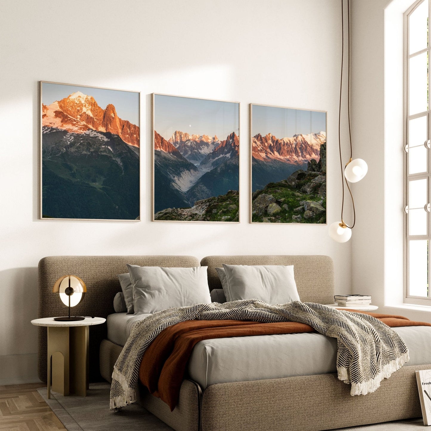 Mont Blanc massif illuminated by sunset hues, presented in a framed triptych.