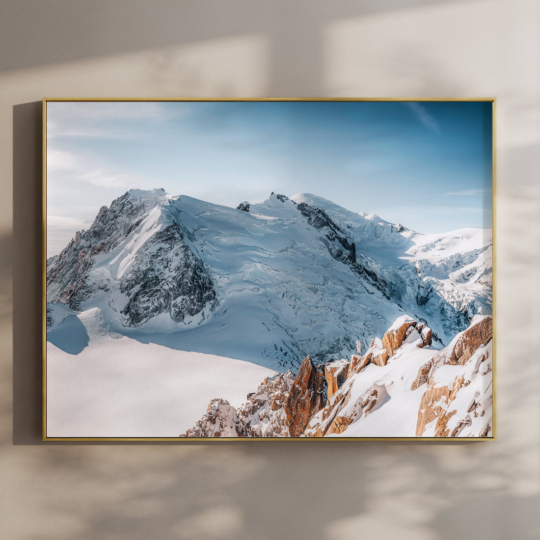 Fine art print of Mont Blanc and Cosmiques Arête bathed in soft winter light above Chamonix.