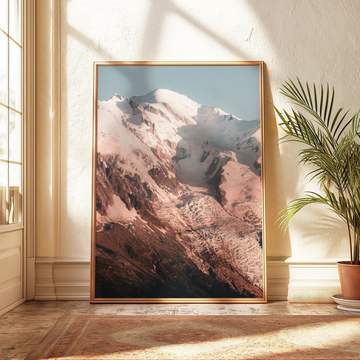 Framed print of Mont Blanc du Massif glowing in the soft light of sunset