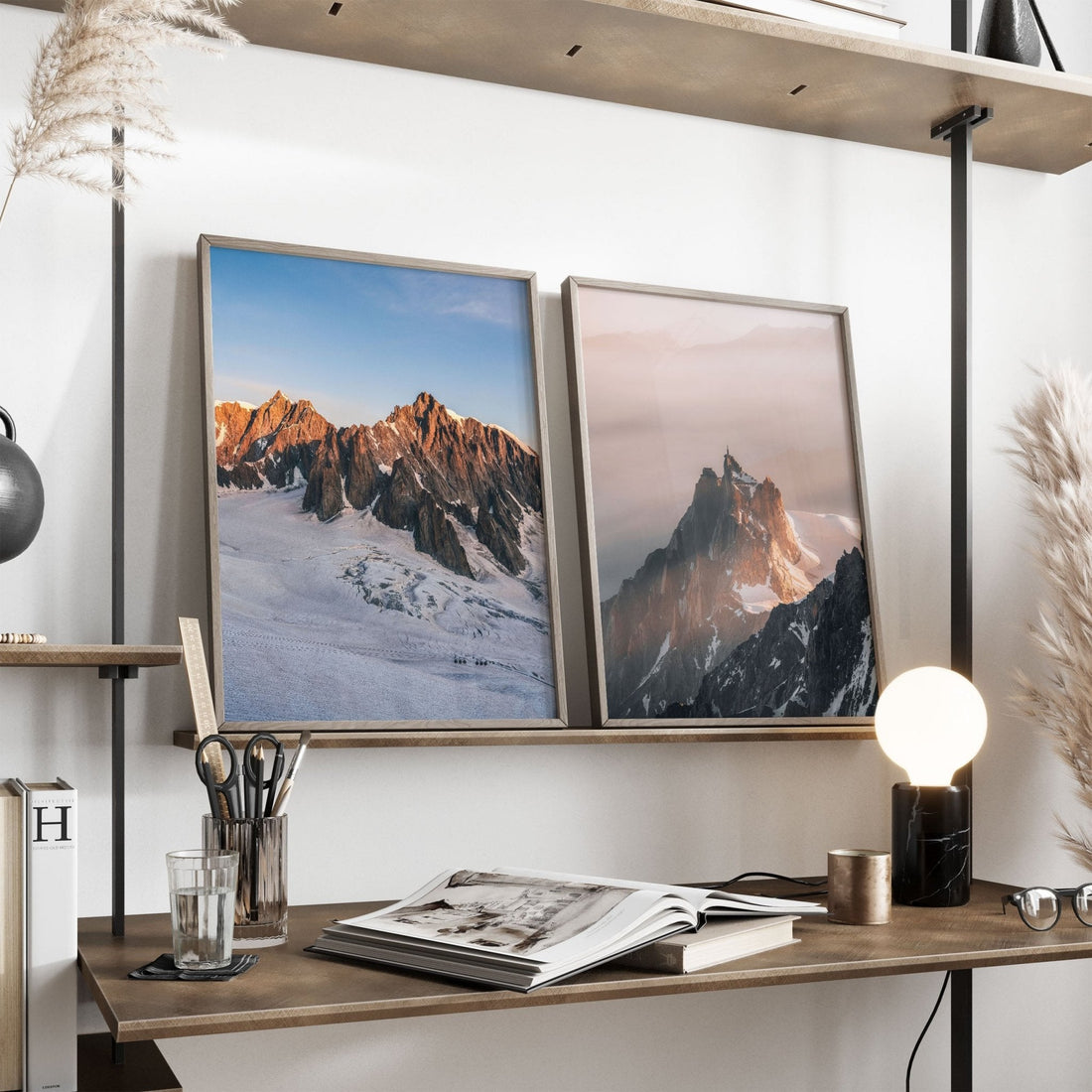 Mont Blanc du Tacul and Aiguille du Midi photography prints displayed on a desk