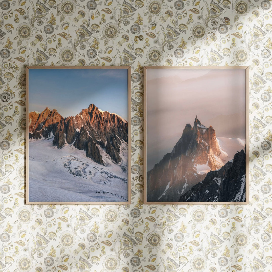 Mont Blanc du Tacul and Aiguille du Midi prints in minimalist brown frames on a white wall