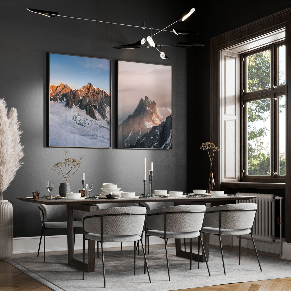 Mont Blanc du Tacul and Aiguille du Midi framed art basking in natural sunlight