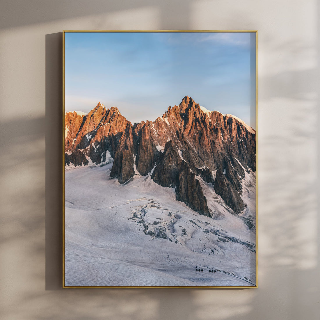 Stunning Mont Blanc du Tacul wall art print featuring golden sunset hues over the jagged peaks.