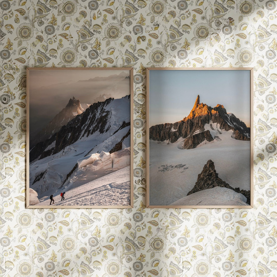 Mont Blanc wall art pair against vintage floral wallpaper.