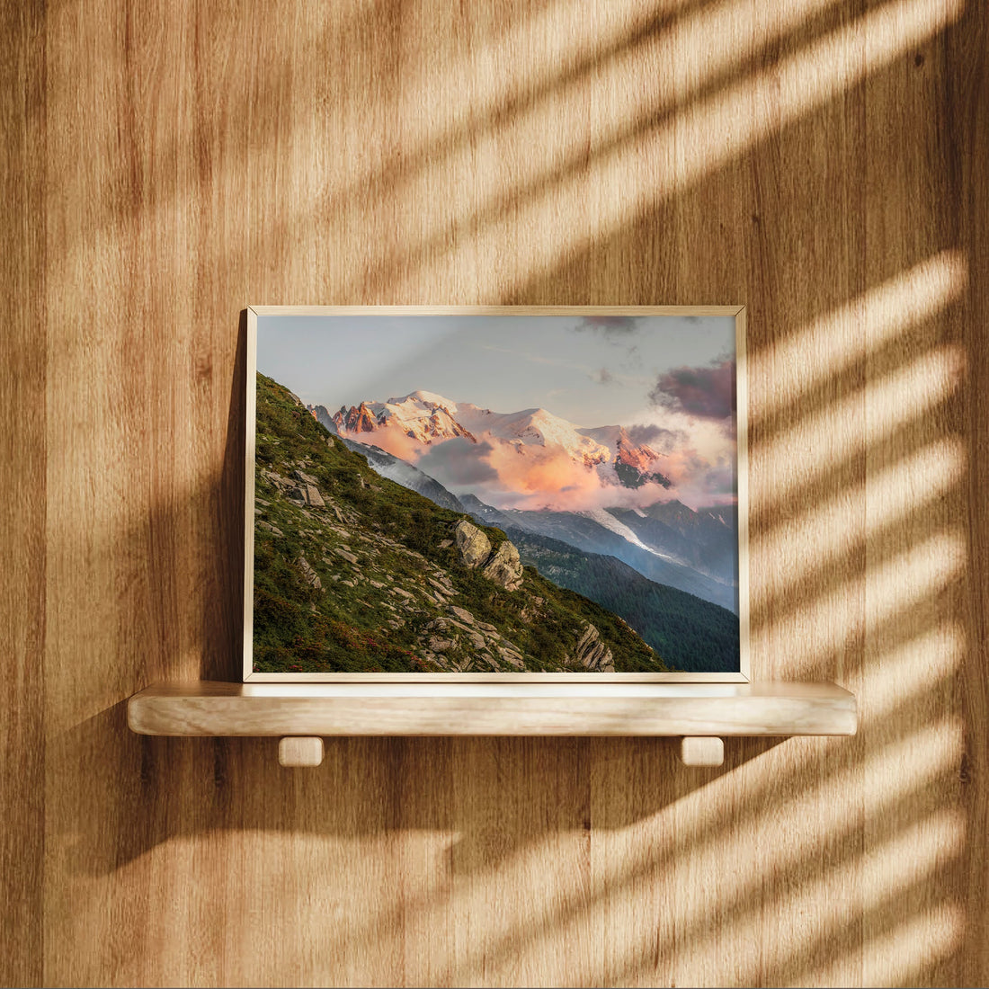 Mont Blanc evening light print with snowy summits rising above lush alpine slopes and glowing skies.