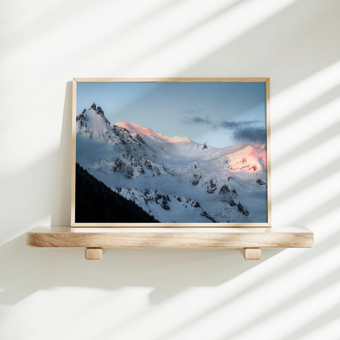 A moody fine art landscape print of Mont Blanc at dusk, wrapped in alpine mist and pastel tones.