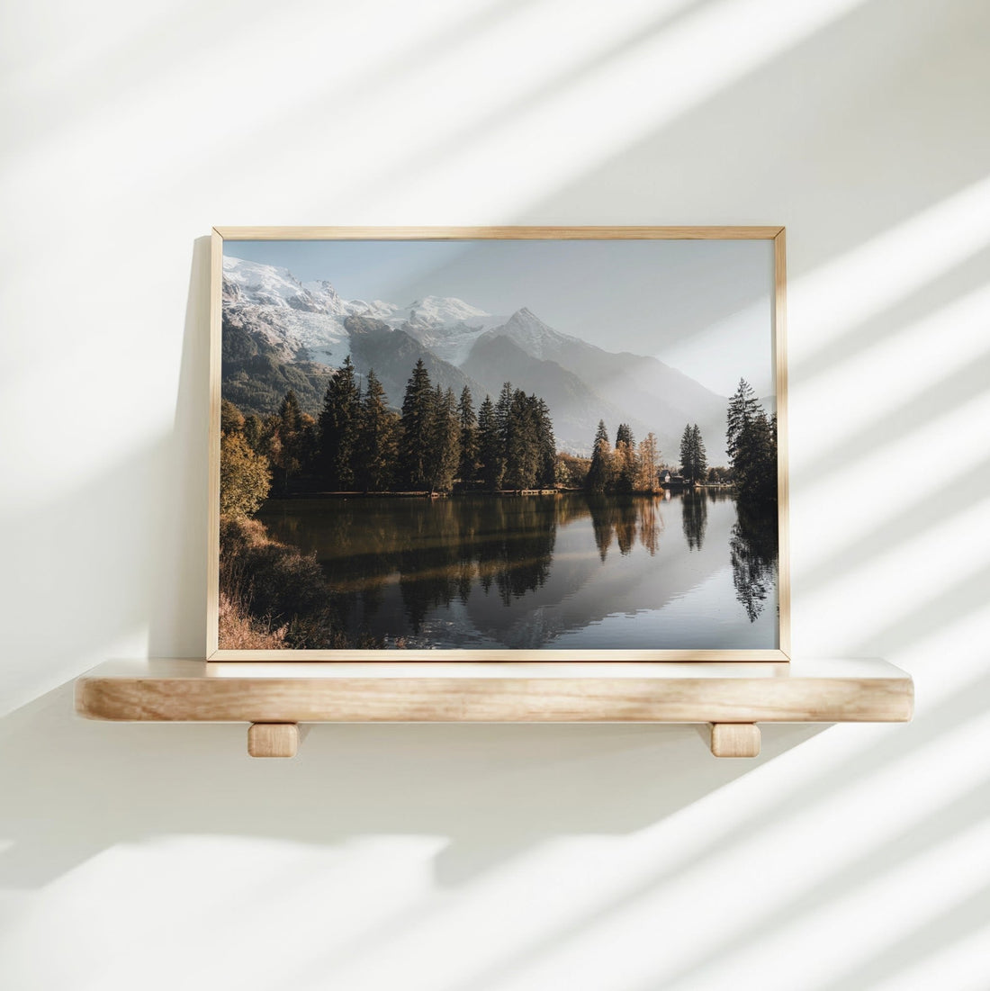 Wall art print of forested lake near Mont Blanc, capturing the beauty of Chamonix’s alpine scenery.