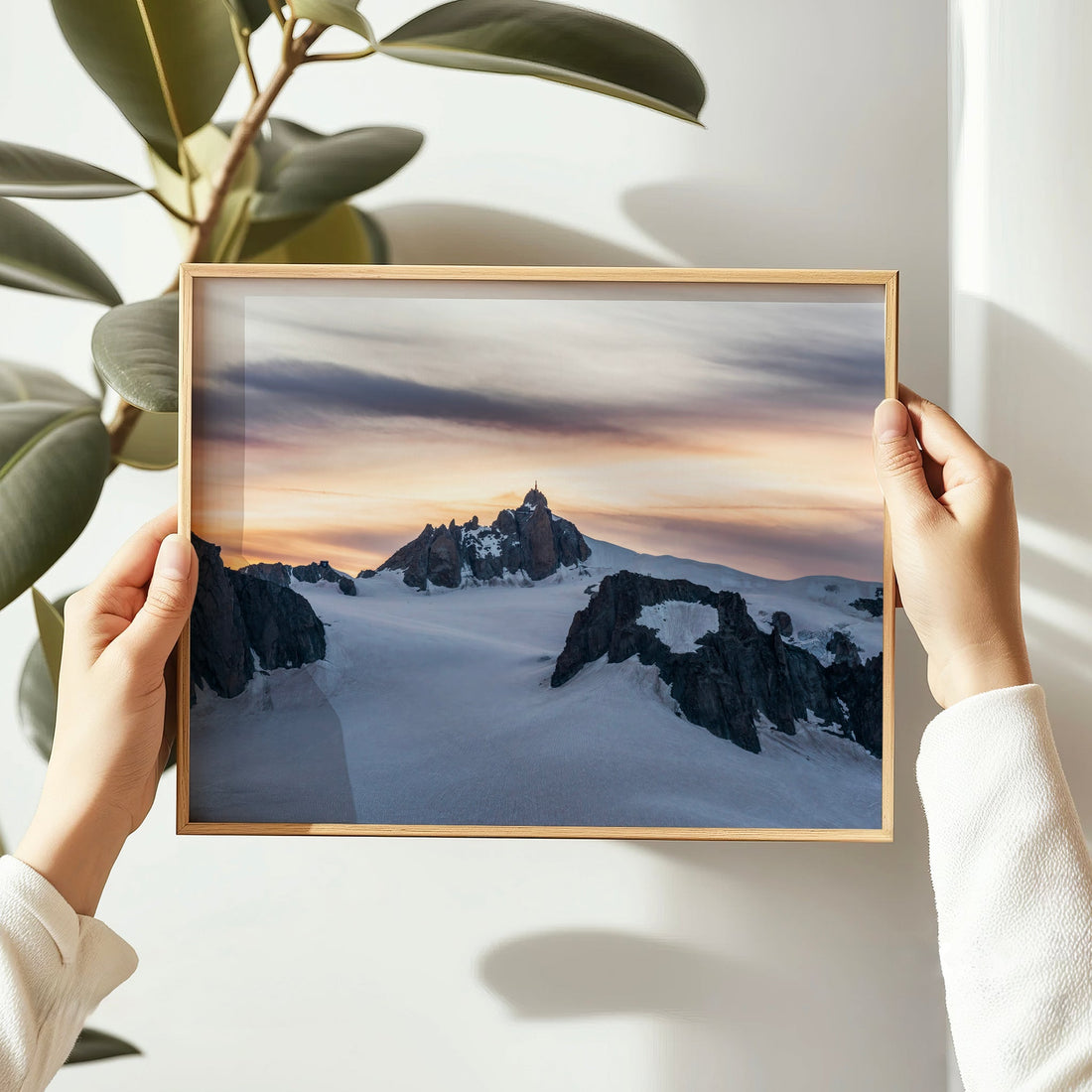 Mont Blanc glacier art print showcasing the golden-hour glow over the high peaks of the French Alps.
