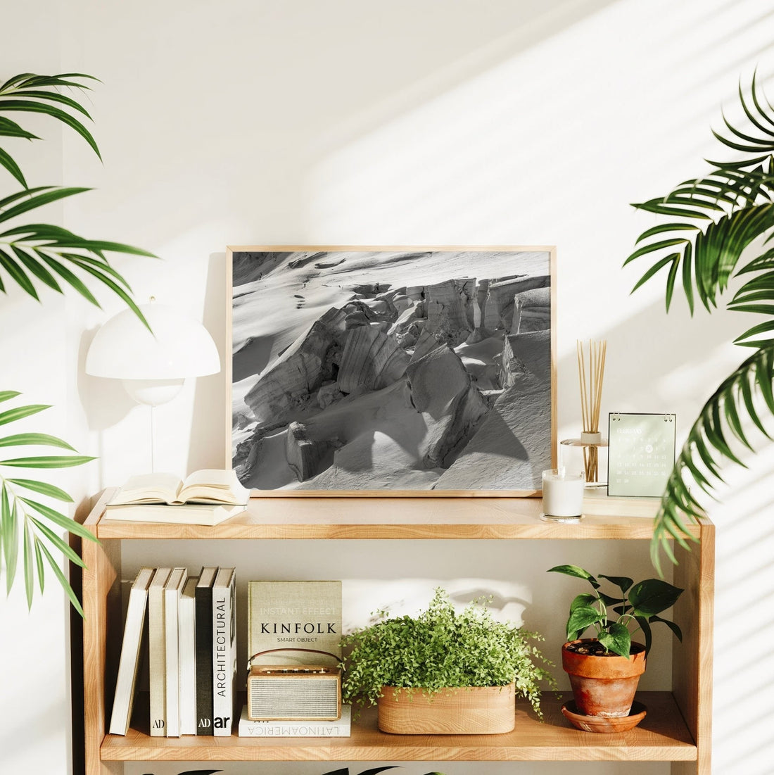 Striking black and white Mont Blanc glacier art print with jagged ice formations and flowing snow textures.