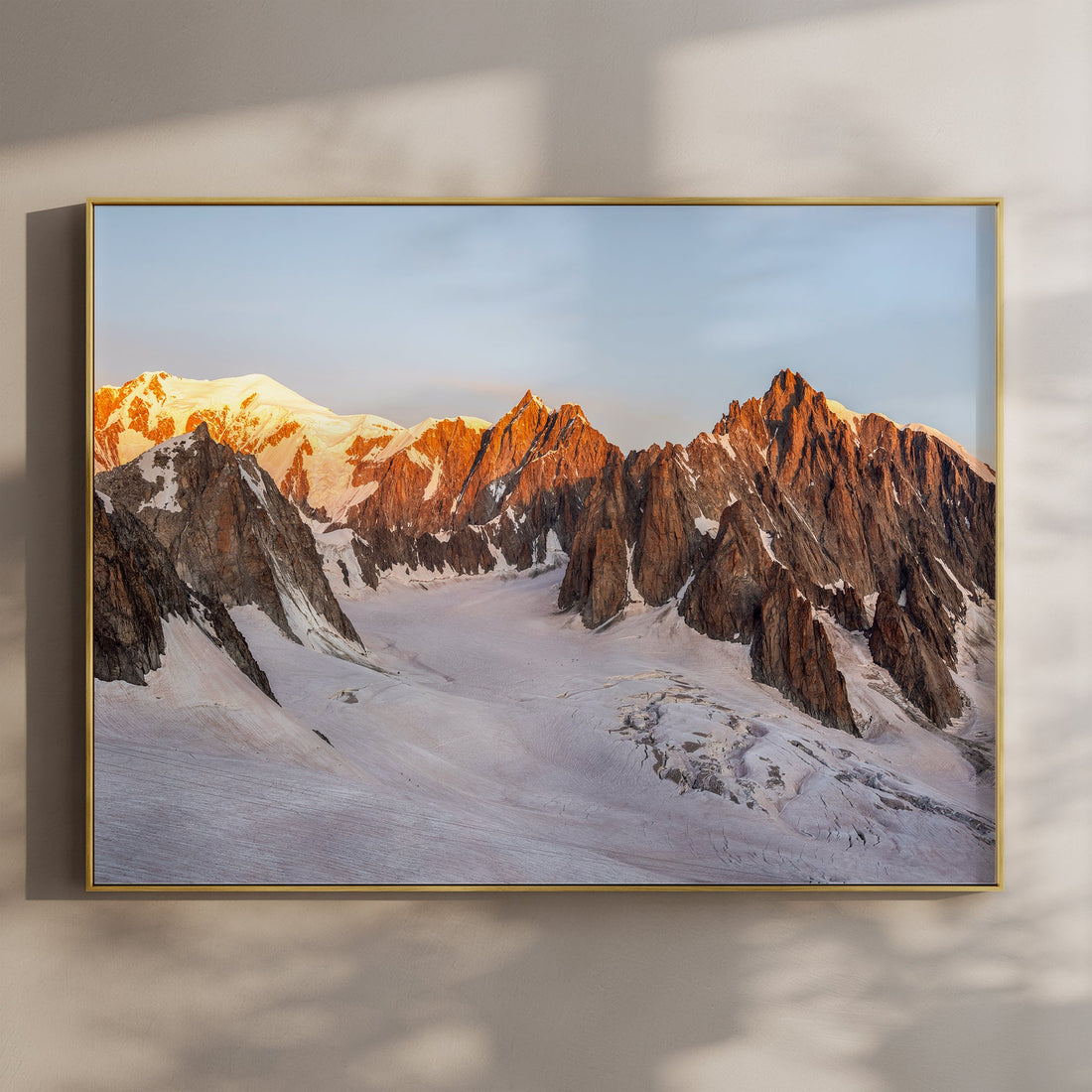 Sunrise wall art print of Mont Blanc and glacier peaks captured in the French Alps near Chamonix.