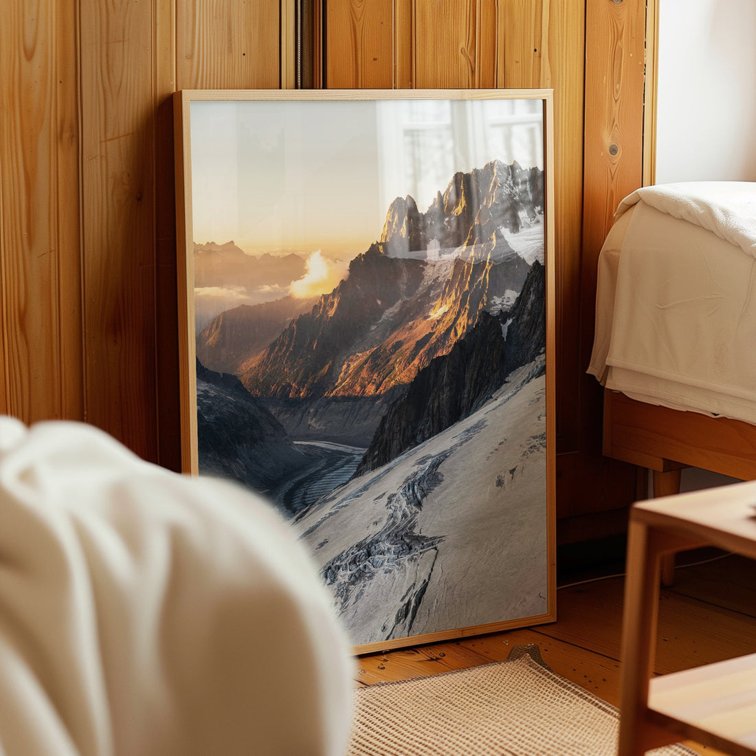 Mont Blanc glacier wall decor featuring a scenic view of Mer de Glace with rugged alpine terrain.
