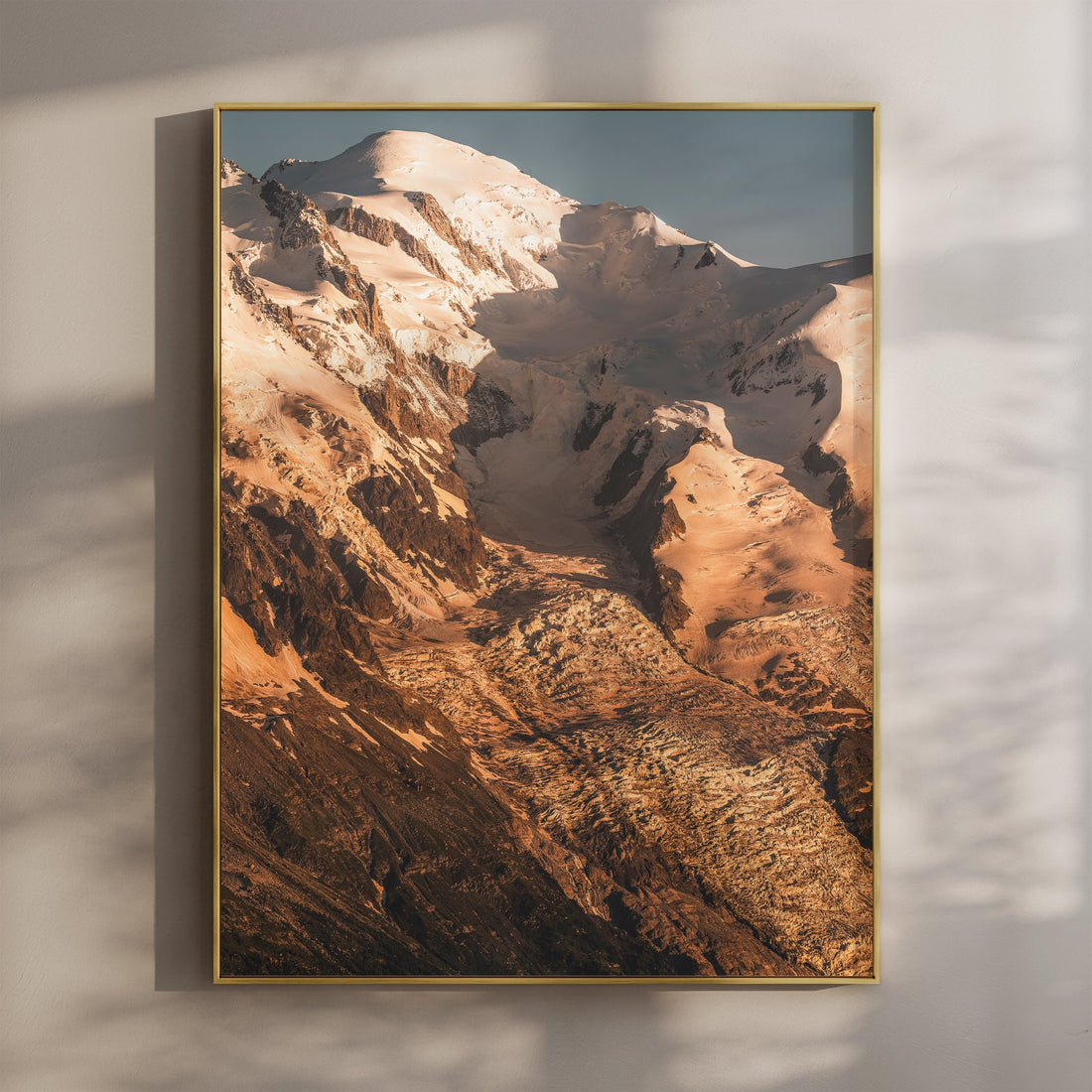 Breathtaking Mont Blanc wall art print featuring the golden glow of sunset over the snowy peaks.