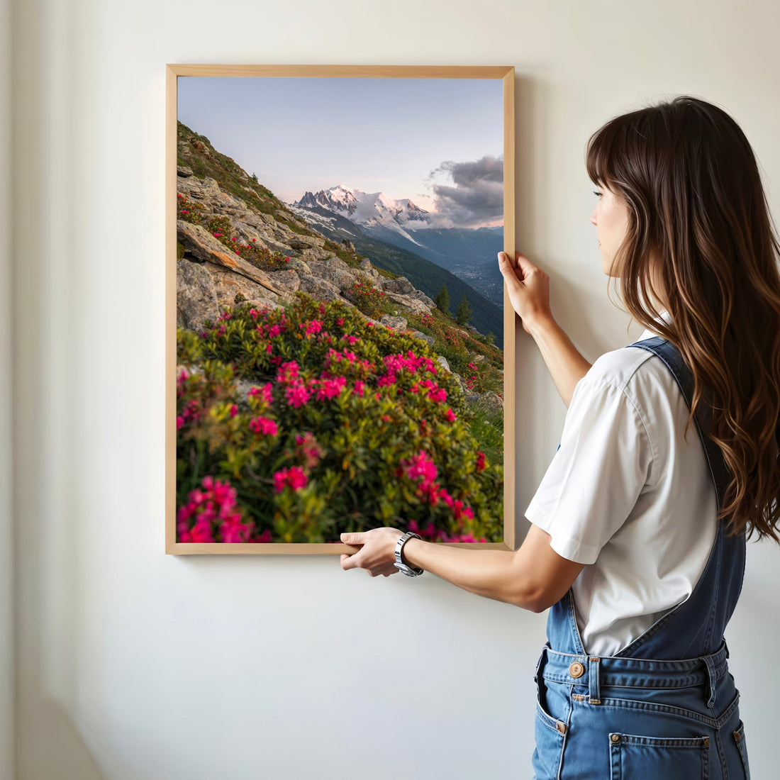 Scenic view of Mont Blanc from a rugged alpine hiking trail with vibrant pink wildflowers in this fine art print.