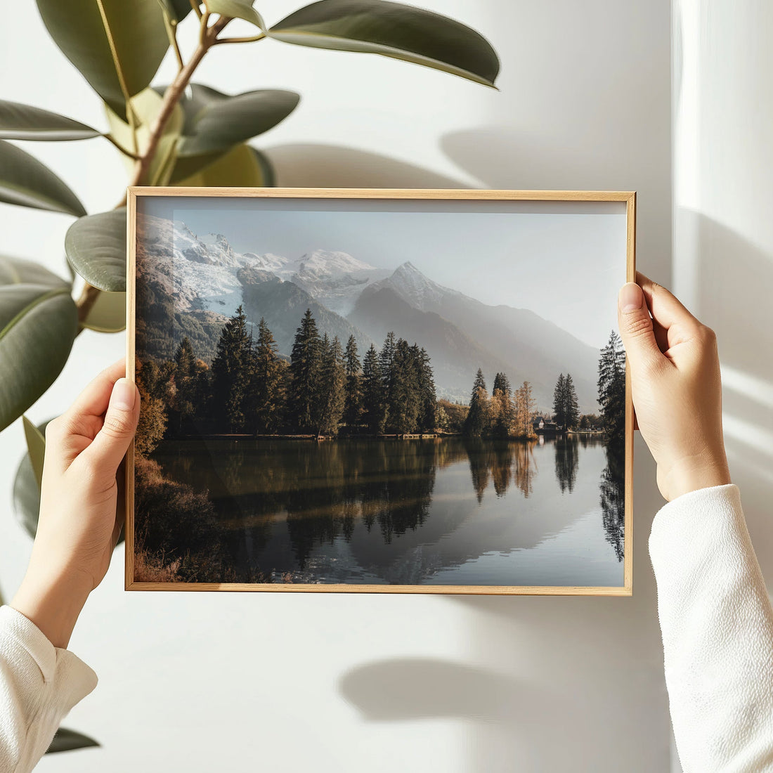 Fine art lake photography print of Mont Blanc from Chamonix, with natural reflections and golden foliage.