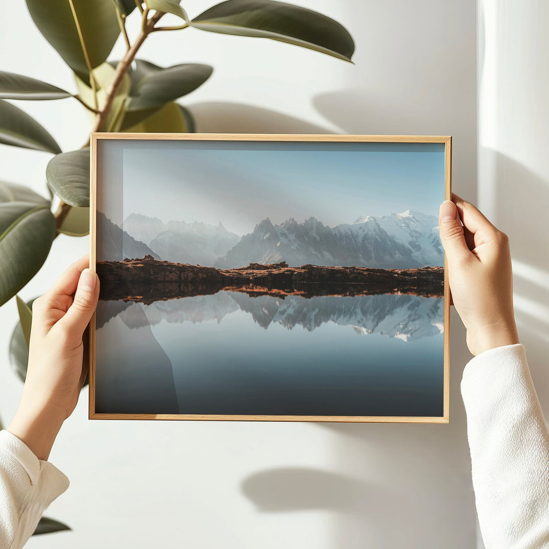 Landscape photography print of Mont Blanc and its stunning reflection at Lacs des Chéserys, captured in soft morning light.