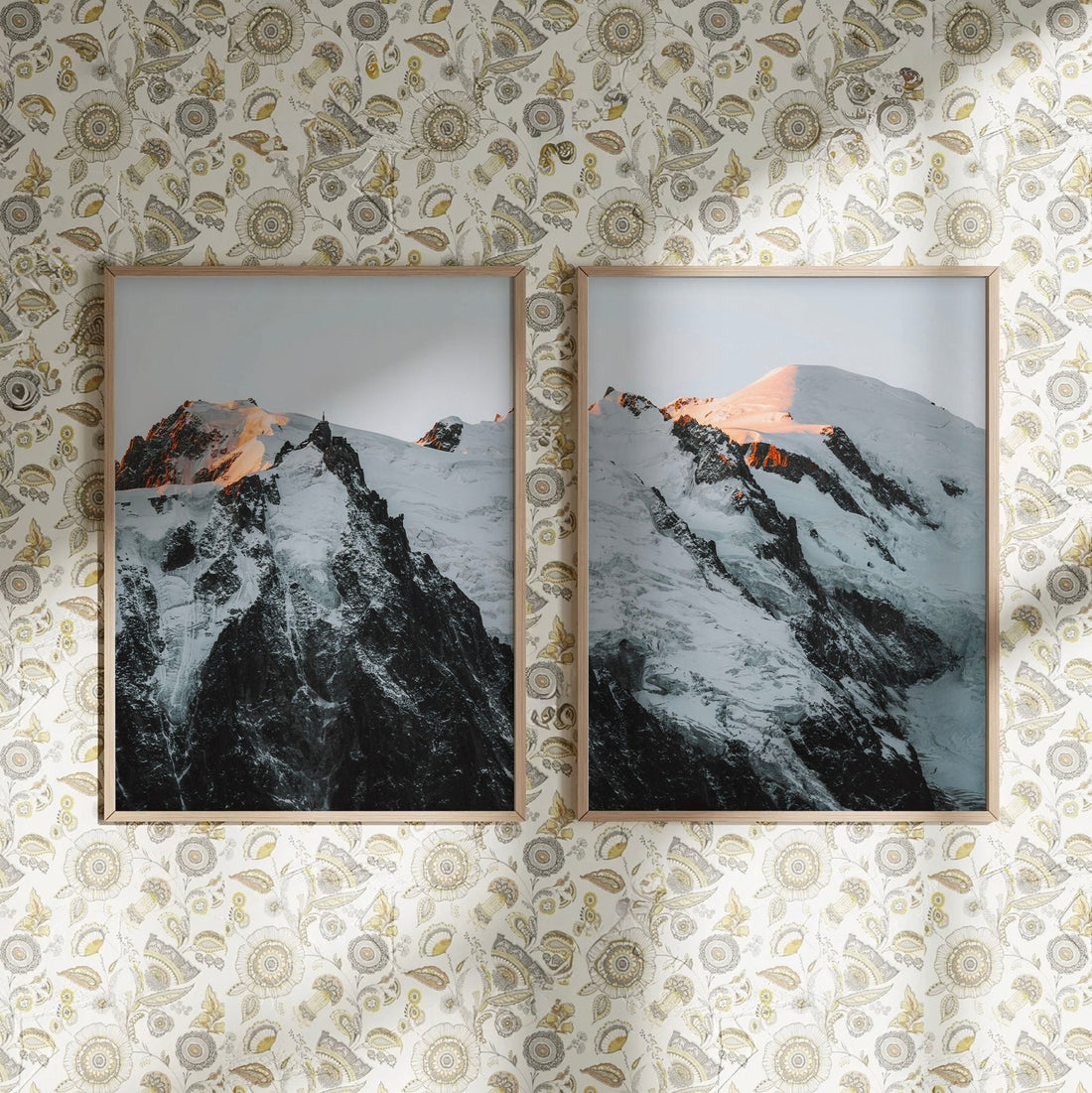 Mont Blanc Massif wall art with intricate wallpaper background.